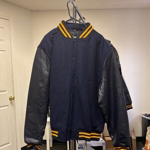 Men's Navy & Black Varsity Bomber Jacket with Yellow Stripe Trim